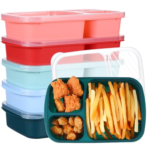 Honeydak 5 Pack Snack Containers 3 Compartment Bento Snack Boxes Divided Meal Prep Containers with Lids Reusable Adults Lunch Food Storage Box for School Work Travel (Red Blue Green) - color: Red Blue Green
