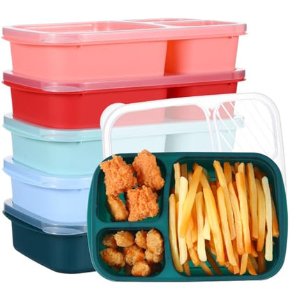 Honeydak 5 Pack Snack Containers 3 Compartment Bento Snack Boxes Divided Meal Prep Containers with Lids Reusable Adults Lunch Food Storage Box for School Work Travel (Red Blue Green) - color: Red Blue Green