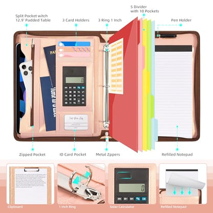 Ospelelf Clipboard with Storage, 3 Ring Binder with Zipper, Leather Padfolio Portfolio Folder, Calculator, 12.1” Tablet Sleeve, 5 Dividers with Pocket|Refillable Notepad, Card Slot (Rose Gold) - color: Rose Gold