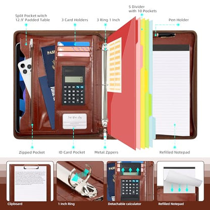 Ospelelf 3 Ring Binder Portfolio Folder with Zipper- Leather Padfolio with Clipboard Storage- Calculator, 12.1” Tablet Sleeve, 5 Dividers with Pocket, Refillable Notepad, Card Slot (Red Brown) - color: Red Brown