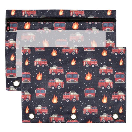 Fire Fighting Truck Binder Pouches 3 Ring for Boys Girls School Office College Supplies Cars Doodle Pattern Pencil Pouches Case Bag with Clear Window and Zipper 2 Pack - color: Fire Truck