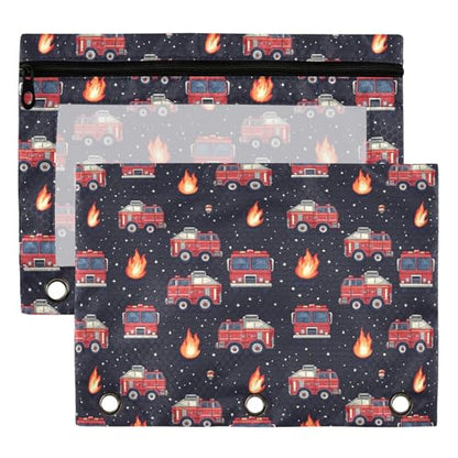 Fire Fighting Truck Binder Pouches 3 Ring for Boys Girls School Office College Supplies Cars Doodle Pattern Pencil Pouches Case Bag with Clear Window and Zipper 2 Pack - color: Fire Truck