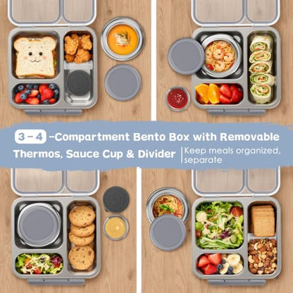 Pawtong Stainless Steel Bento Box Kids Adult with 7oz Insulated Food Jar, Transparent Lid Metal Lunch Box With Soup Thermal Jar, Lunch Box Container with Removable Divider & Sauce Cup School (Grey) - color: Gray