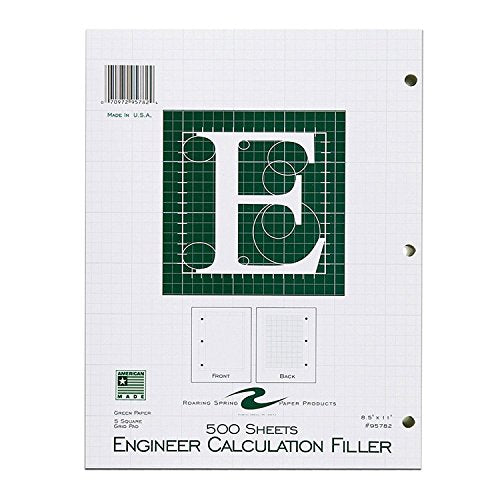 Roaring Spring Graph Ruled Engineering Paper, Loose Leaf Filler Engineering Paper, 5x5 Enclosed Grid, 8.5" x 11", 500 Sheets, 3 Hole Punched, Green Tinted Sheets, Made in USA - style: 1 Pack