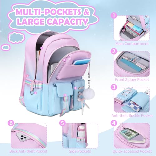 ACESAK Kids School Backpack for Girls, 4-In-1 Bookbag Backpack Set with 14OZ Insulated Kids Water Bottle (Pink Blue) - color: Pink-to-blue Gradient