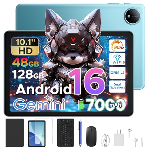 P10 Latest Tablet Android, 10 inch Tablet, Android 16 Tablet with Gemini AI, 48GB RAM+128GB ROM, T310 CPU, 7000mAh, 8MP+5MP, 90Hz, Widevine L1, Bluetooth 5.0, Tablet with Keyboard- Blue - color: Blue
