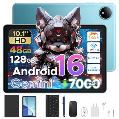 P10 Latest Tablet Android, 10 inch Tablet, Android 16 Tablet with Gemini AI, 48GB RAM+128GB ROM, T310 CPU, 7000mAh, 8MP+5MP, 90Hz, Widevine L1, Bluetooth 5.0, Tablet with Keyboard- Blue - color: Blue