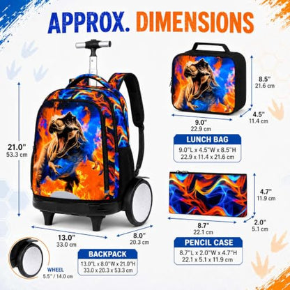 KLFVB Big Quiet-Glide Wheels Rolling Backpack, 3-in-1 Roller Bag Set with Lunch Bag | Water-Resistant Wheeled Bookbag for Boys, School, Travel, Play - Flame T-Rex - color: Rolling Backpack with Big Wheels - Flame T-Rex