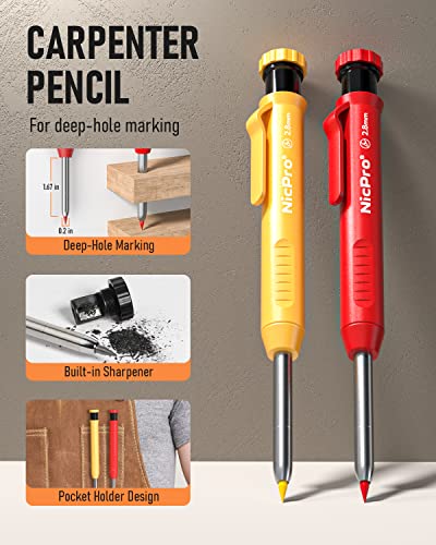 Nicpro 18 Pack Carpenter Pencil Set with Sharpener, Mechanical Carpenter Pencils with 76 Refills and Carbide Scribe Tool, Deep Hole Marker, Heavy Duty Construction Pencil for Architect-With Case - style: Set 2