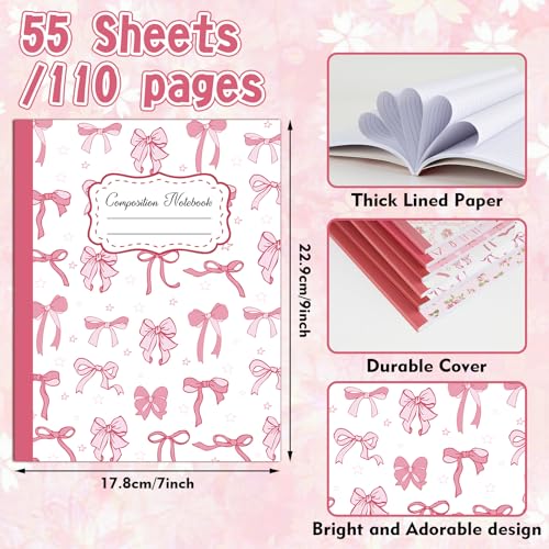 6 Pack Pink Bow Composition Notebooks, Preppy Cute Coquette Notebook,9-3/4 x 7-1/2" Aesthetic College Ruled Journal Back to School Teacher Gifts First Day of School Favors, 110 Pages - color: Pink