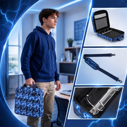 Zipper Binder Folder Keeper with Strap 2 Inch 3 Ring Multi-Pocket Zipper Bag for 13" Laptop 5-tab Expanding File Folder for Women Men Office Middle High School(Blue,Lightning) - color: Blue, style: Lightning