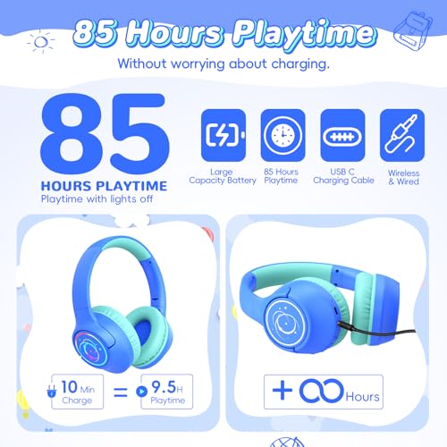 Kids Bluetooth Headphones, 85H Playtime Wireless Headphones for Kids, Colorful LED Lights, 85/94dB Safe Volume Limit, Bluetooth 5.4 Built-in Mic Toddler Headset for Tablet/Airplane/Travel (Blue) - color: Blue