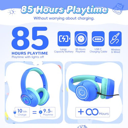 Kids Bluetooth Headphones, 85H Playtime Wireless Headphones for Kids, Colorful LED Lights, 85/94dB Safe Volume Limit, Bluetooth 5.4 Built-in Mic Toddler Headset for Tablet/Airplane/Travel (Blue) - color: Blue