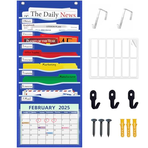 ALSLEA 15" Extra Wide Hanging File Organizer with 8 Pockets - Heavy Duty Classroom Pocket Chart, Wall Mounted Document Organizer with Writable Clear Pocket, 5 Wall/ Door Hooks & 12 Labels (Blue) - size: 8 Pockets Blue