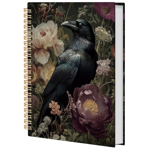 Dark Academia Floral Raven Notebook for Women, Gothic Goth Journal, Witchy Journal, Witch Stuff, Gothic Office Supplies, Halloween Notebook, Dark Cottagecore Hardcover Spiral Notebook 5.5x8.3 - color: Dark Floral Raven