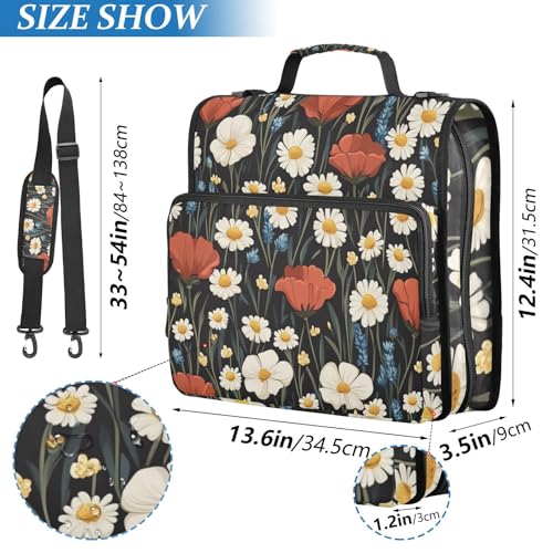 Poppy and Daisy Flowers Black Zipper Binder 3 Ring 1.5 Inch School Binder Organizer with Shoulder Strap Handle File Folder Pockets Large Capacity Students Girl Boy Men Office Work - color: Poppy and Daisy Flowers Black