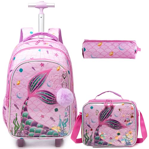 Kids Rolling Backpack for Girls Mermaid Suitcases Trolley Roller Luggage Backpacks on Wheels with Lunch Box Pencil Case for Elementary Multiple Compartment Pockets Travel School Bag Rose - color: Pink-12813