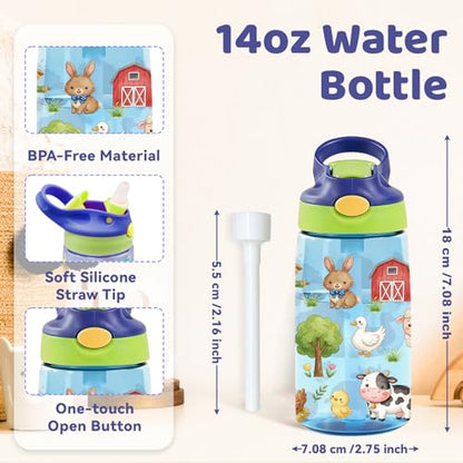 Farm Friends 14oz Water Bottle with Straw – Leakproof BPA-Free Plastic Pop-Up Spout, Reusable Leak-Proof Travel Bottle for Kids & Outdoor Sports - color: Farm1