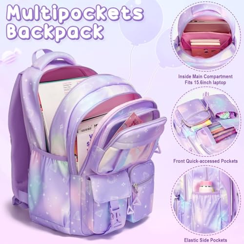 Fimibuke Kids Backpack for School Girls, 3Pcs Waterproof Girls Backpack with Lunch Box & Pencil Pouch - Lightweight Pink Bookbag for Ages 6+ Elementary Middle School Teens - color: A1.Diamond Pink