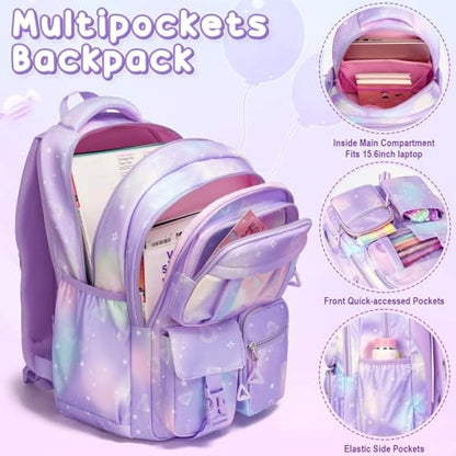 Fimibuke Kids Backpack for School Girls, 3Pcs Waterproof Girls Backpack with Lunch Box & Pencil Pouch - Lightweight Bookbag for Elementary Middle School Student Teens Ages 6+ Purple - color: A2.Diamond Purple