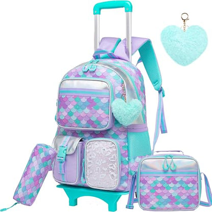 Meetbelify Backpack with Wheels for Girls Rolling Backpack Cute Carry on Backpack with Lunch Box for Elementary Student Teen Girls Luggage Travel Suitcase Girls 8-10 Mermaid - color: Mermaid