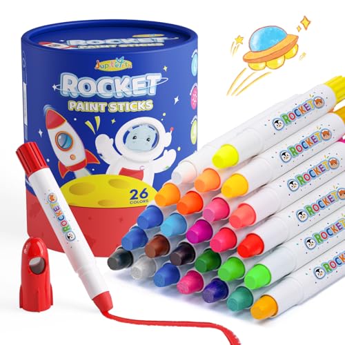 JUPITEARTH 26 Colors Rocket Tempera Paint Sticks for Kids Ages 4-8 and Toddlers, Fun Gift with Storage Bucket, Non-Toxic, Washable, Mess-Free, Twistable with Silky Smooth Feel - color: 26 Colors (Classic, Metallic, Neon)