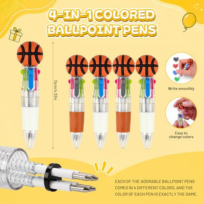 24 Pack Basketball Party Favors, 4-in-1 Multicolor Ballpoint Pens for Kids, Mini Retractable Basketball Pens, Goodie Bag Stuffers, Classroom Prizes, Birthday Gifts - style: Basketball