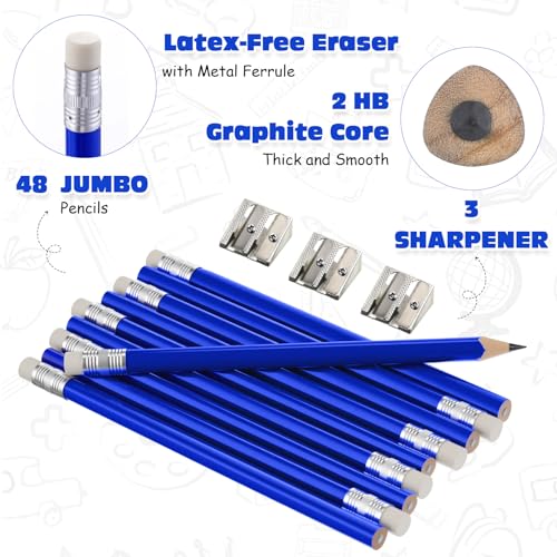 Fainne 48 Pcs Fat Pencils Jumbo Big Thick Large Pencils and 3 Pieces Sharpeners for Kids Beginners Preschoolers Kindergarten School Office Supplies(Blue+silver,Triangle) - color: Blue+Silver, style: Triangle
