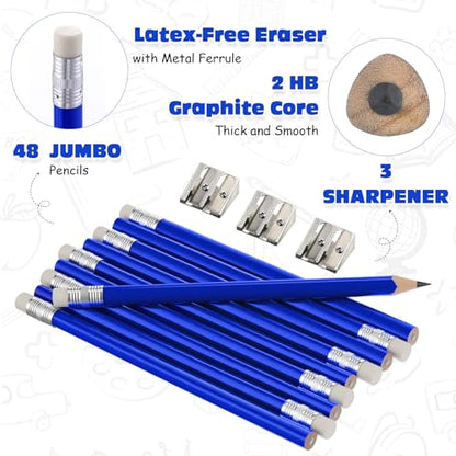 Fainne 48 Pcs Fat Pencils Jumbo Big Thick Large Pencils and 3 Pieces Sharpeners for Kids Beginners Preschoolers Kindergarten School Office Supplies(Blue+silver,Triangle) - color: Blue+Silver, style: Triangle