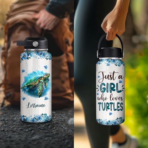 Hyturtle Personalized Gifts For Sea Turtle Lover-Just A Girl Who Loves Sea Turtle Custom Name 18oz 32oz Stainless Steel Bottle With Straw Lid-Idea Ocean Animal Lover Gifts For Women Girl On Birthday - color: Sea