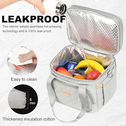 AIJIEKE Lunch Bag for Women, Insulated Double Deck Work Lunch Box, Gray | Durable, leakproof thermal cooler tote. Double compartment, expandable pockets, strap. For travel meal prep, beach, picnic - color: Gray