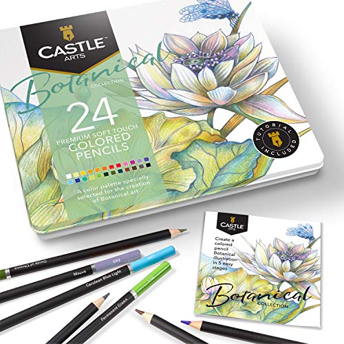 Castle Arts Themed 24 Coloured Pencil Set in Tin Box, perfect colours for ‘Botanical’ Art. Featuring quality, smooth coloured cores, superior blending & layering performance for great results - color: Botanical