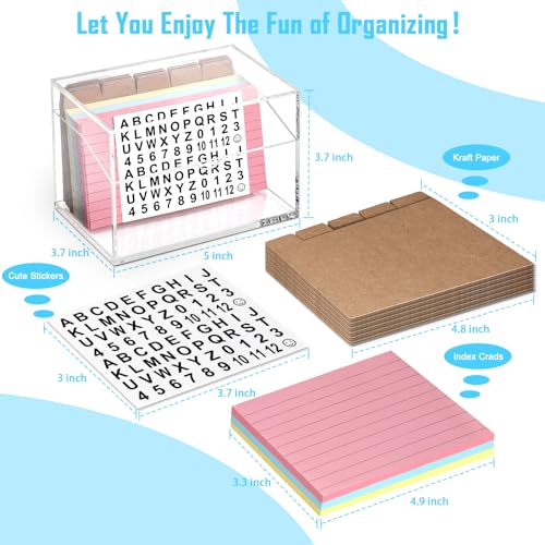 3 x 5 Inch Acrylic Index Card Holder Clear Flash Card Holder Recipe Card Box 150 Pcs Ruled Lined Index Cards 30 Pcs Kraft Dividers A to Z Stickers For Holds 400 A-Z Tabs Note Cards Business Cards - color: Clear