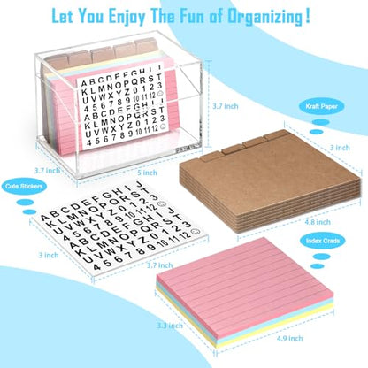 3 x 5 Inch Acrylic Index Card Holder Clear Flash Card Holder Recipe Card Box 150 Pcs Ruled Lined Index Cards 30 Pcs Kraft Dividers A to Z Stickers For Holds 400 A-Z Tabs Note Cards Business Cards - color: Clear