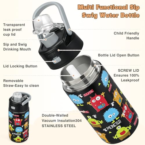 Bento Lunch Box for Kids with 7oz Soup Thermo,Insulated Stainless Steel Kids Water Bottle with Straw and Insulated Lunch Bag,Leak-Proof Lunch Food Container with Ice Pack for School(Black-Cute) - color: Black-Cute