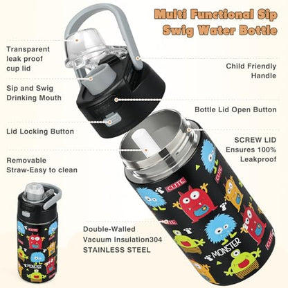 Bento Lunch Box for Kids with 7oz Soup Thermo,Insulated Stainless Steel Kids Water Bottle with Straw and Insulated Lunch Bag,Leak-Proof Lunch Food Container with Ice Pack for School(Black-Cute) - color: Black-Cute