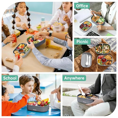 2 Layers Bento Box, All-in-One Stackable Lunch Container with Compartments, 64oz Leakproof Microwave Safe Dishwasher Safe Bento Box with Lunch Bag and Utensil Set for Kids and Adults - color: Gray