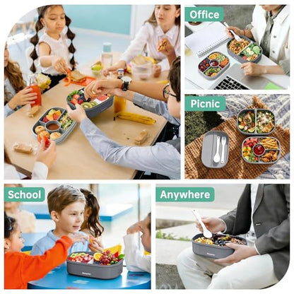 2 Layers Bento Box, All-in-One Stackable Lunch Container with Compartments, 64oz Leakproof Microwave Safe Dishwasher Safe Bento Box with Lunch Bag and Utensil Set for Kids and Adults - color: Gray