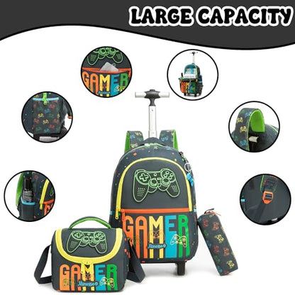 Kids Rolling Backpack for Boys 16.5" School Roller Backpack with Lunch Box, Toddler Backpacks with Wheels Rollig Wheeled Backpacks for Elementary School - color: Black Game