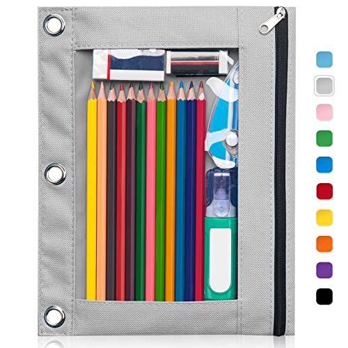 Forvencer Pencil Pouch for 3 Ring Binder, Binder Pencil Case with Smooth Zipper, Clear Window Pencil Bag with 3 Reinforced Grommets, Big Capacity Pencil Box, School Office Supplies, Grey - color: Grey, size: 1 Pack