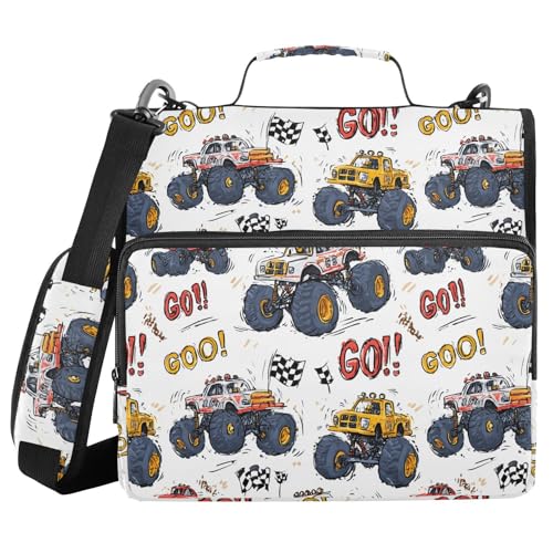 Colorful Monster Truck Checkered Flags Zipper Binder 3 Ring with Shoulder Strap 2 Inch Binder Holds 500 Sheets Multi-Pocket Organizer Zipper Binders Organizer for School Students Office - color: Multicolored.21