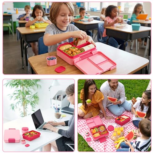 Kids Bento Lunch Box Set with 9.5oz Soup Thermo, Leak-Proof Lunch Food Containers with 3 Compartment and Removable Inner Tray, Insulated Hot Food Jar with Lunch Bag for School, Office, Pink - color: Pink