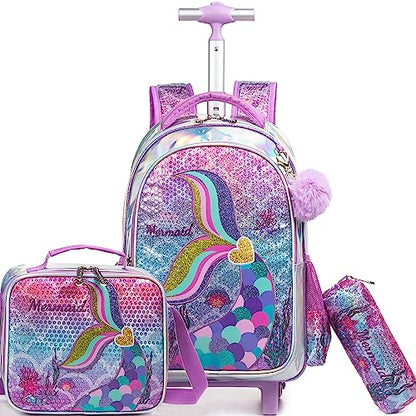Meetbelify Mermaid Backpack with Wheels for Girls Rolling Backpack for Elementary Student Kids School Bag with Wheels Travel Luggage for Girls Age 6-8 - color: Mermaid Gold Love