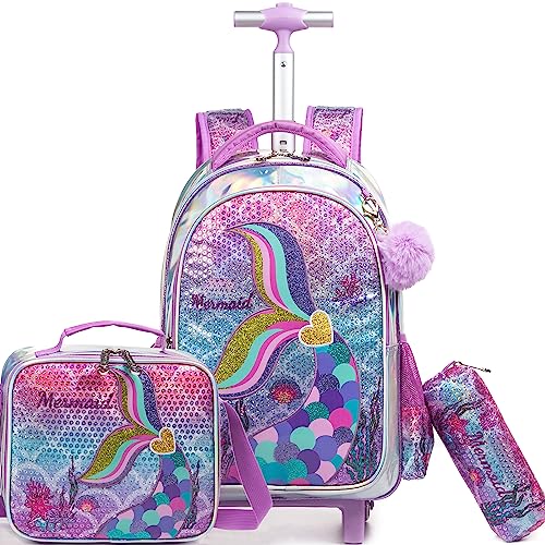 Meetbelify Mermaid Backpack with Wheels for Girls Rolling Backpack for Elementary Student Kids School Bag with Wheels Travel Luggage for Girls Age 6-8 - color: Mermaid Gold Love