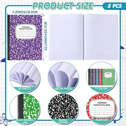 Fulmoon 5 Pcs Composition Notebooks Wide Ruled, 11/32'' Spacing Comp Book, 10.12 x 7.2Inch, 30 Sheets Per Comp Book, Black Purple Blue Red Green, Marble Notebooks for School Kids Home Office