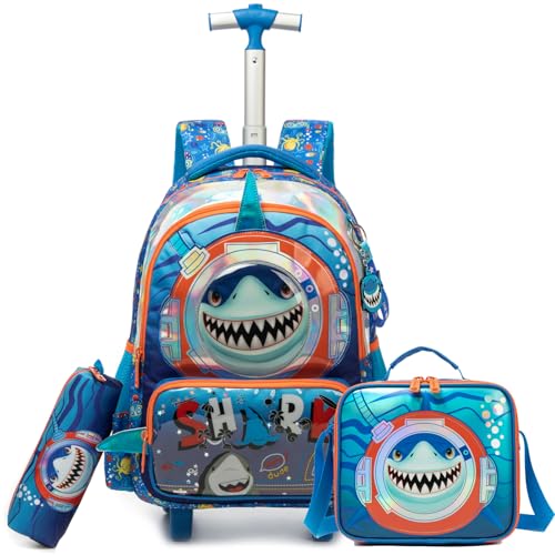 Kids Rolling Backpack for Boys Shark Trolley Suitcases Luggage with Wheels Bookbag Wheeled 3pcs Preschool Students Elementary Teenagers Lunch Box Pencil Case Blue for Age 5-10 - color: Blue-0201-shayu
