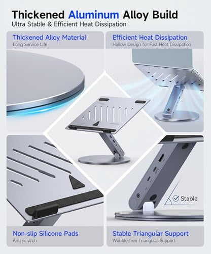 YICOSUN 6-in-1 USB C Laptop Docking Station Stand, 4K@60Hz HDMI, 100W PD, 5Gbps USB 3.0, 360° Swivel Adjustable Aluminum Laptop Stand for 10-15.6 Inch MacBook Pro Air Dell HP Lenovo Surface, Gray