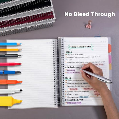 Yoment 5 Subject Notebook College Ruled, 300 Pages Spiral Notebook with Removable Divider Tabs，Hardcover 8 x 10 Inches College Ruled Journal 1 Inner Pocket for School College Work Office Home,Black - color: Black