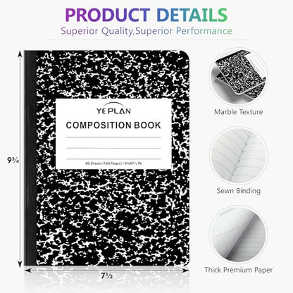 Yeplan Composition Notebooks 5 pack, Wide Ruled Notebook Paper, 9 3/4" x 7 1/2", 80 Sheets/160 Pages, Aesthetic Marble Composition Notebook for School & Office Supplies (5, Black) - color: 5 Black