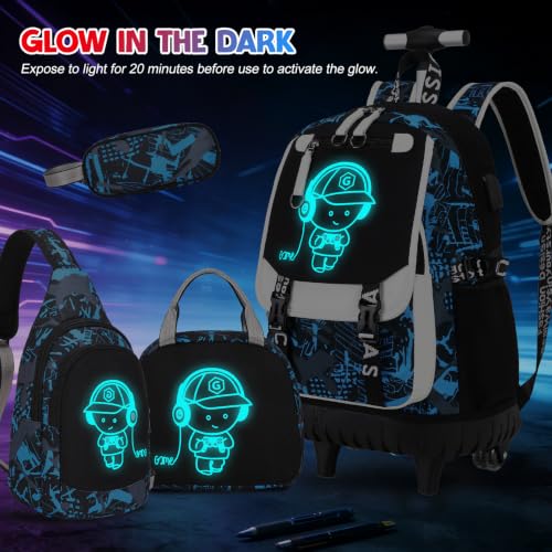 Bevalsa Rolling Backpack for Boys, Roller Backpack with Wheels, Wheeled School Bag with Sling Bag, Lunch Box & Pen Case for Kids Children Teens Elementary Middle Student Glow In The Dark - color: Blue